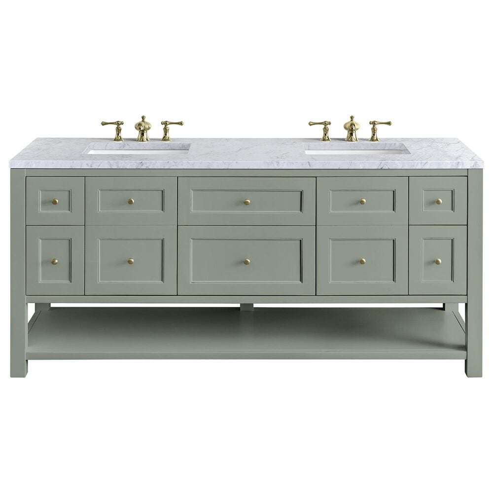James Martin Vanities Breckenridge 72" Double Bathroom Vanity in Smokey Celadon with 3 cm Carrara White Marble Top and Rectangular Sinks, , large