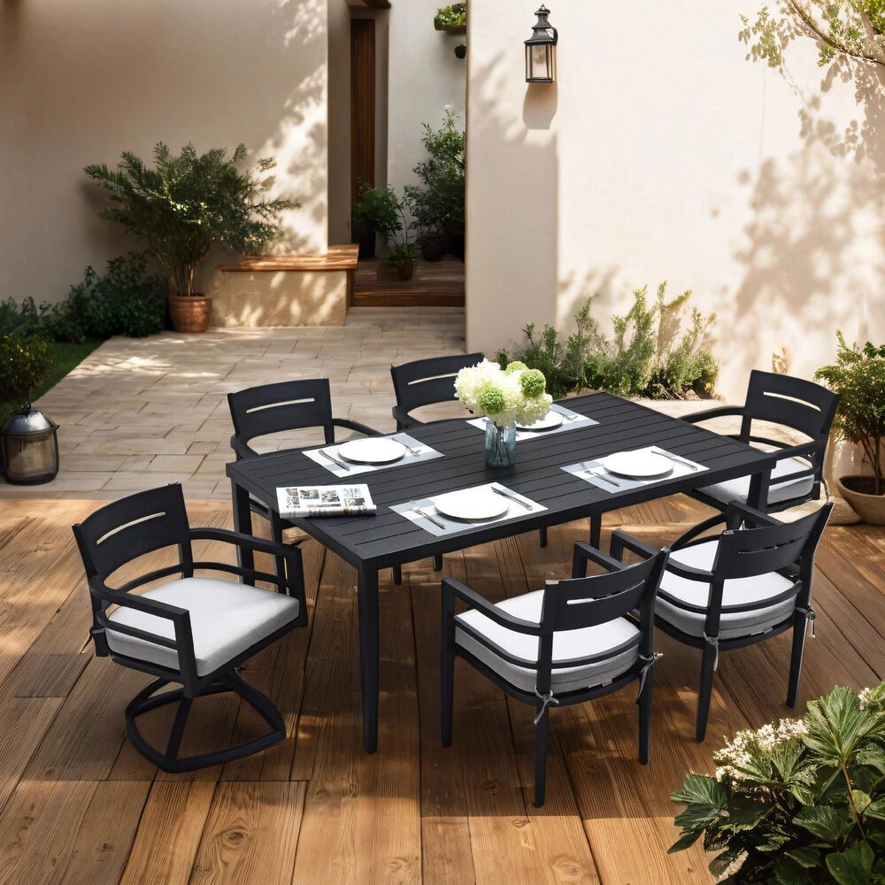 Hearth and Haven Outdoor Rectangular Dining Table with Umbrella Hole and Tapered Feet in Ember Black - Table Only, , large