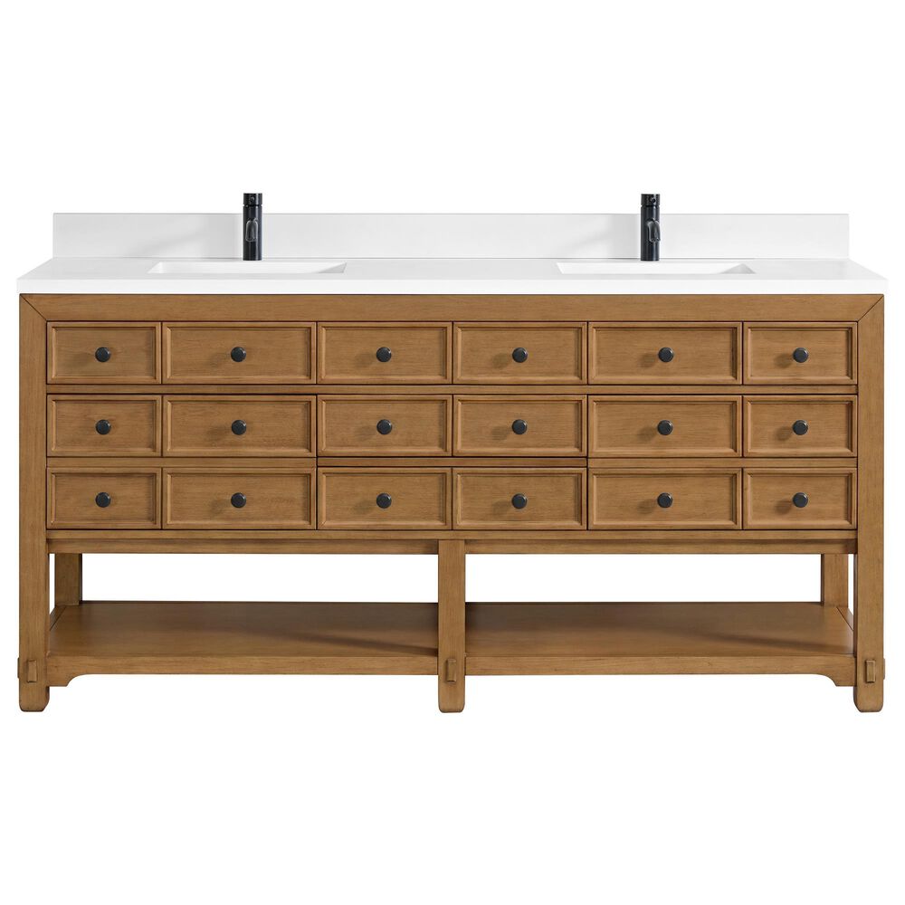 James Martin Malibu 72" Double Bathroom Vanity in Amber Birch with Single Hole 3 cm White Zeus Quartz Top and Rectangular Sinks, , large