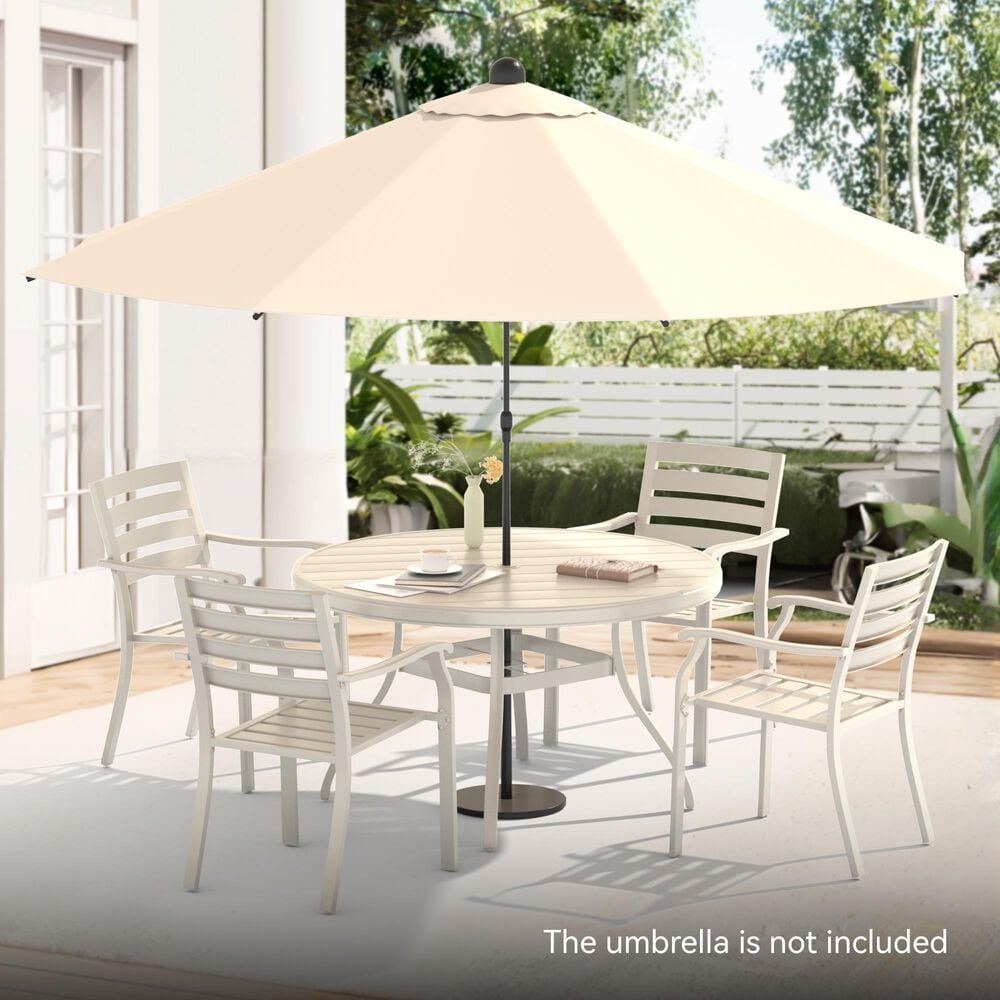Hearth and Haven 5-Piece Outdoor Metal Dining Set with Stackable Chairs and Round Slatted Table in Sandstone, , large