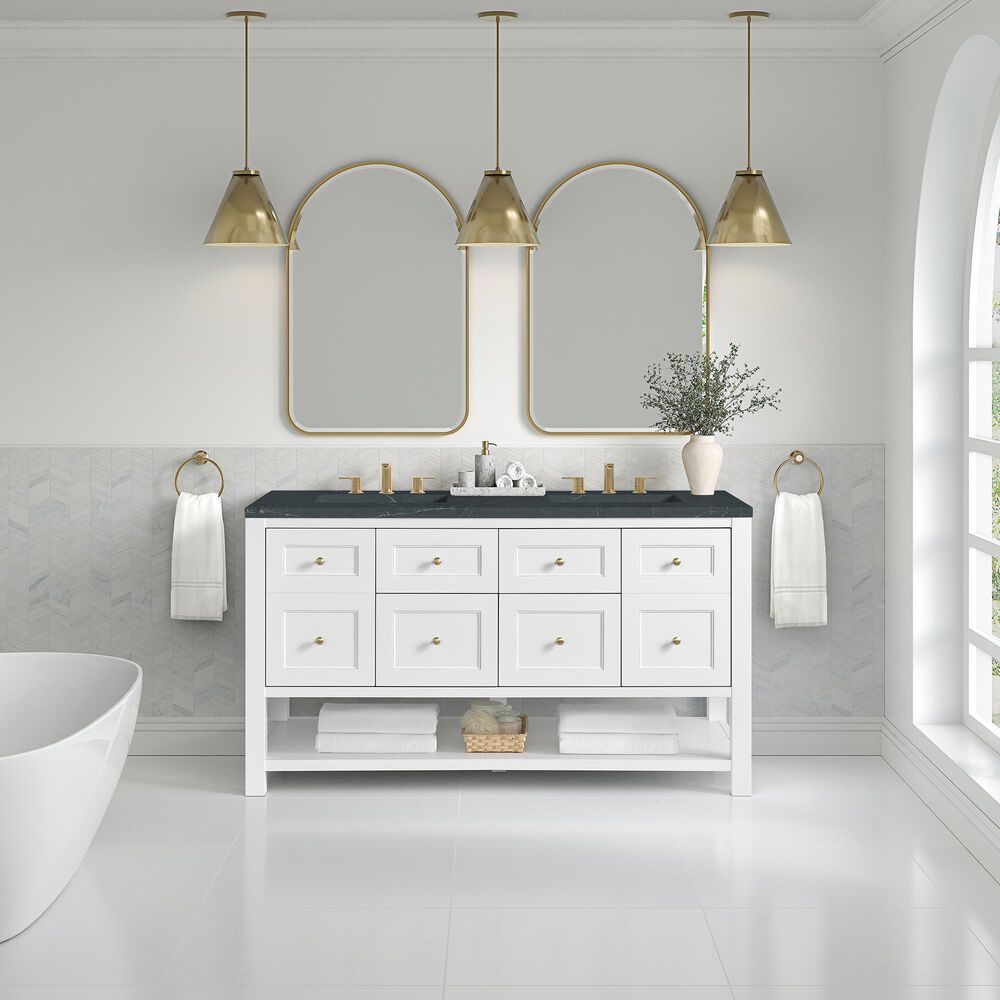 James Martin Vanities Breckenridge 60&quot; Double Bathroom Vanity in Bright White with 3 cm Charcoal Soapstone Quartz Top and Rectangular Sinks, , large