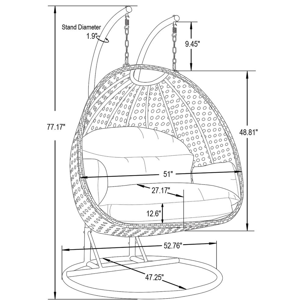 Leisuremod Mendoza Patio 2-Seat Hanging Egg Swing Chair with Dark Grey Cushion in Light Grey, , large