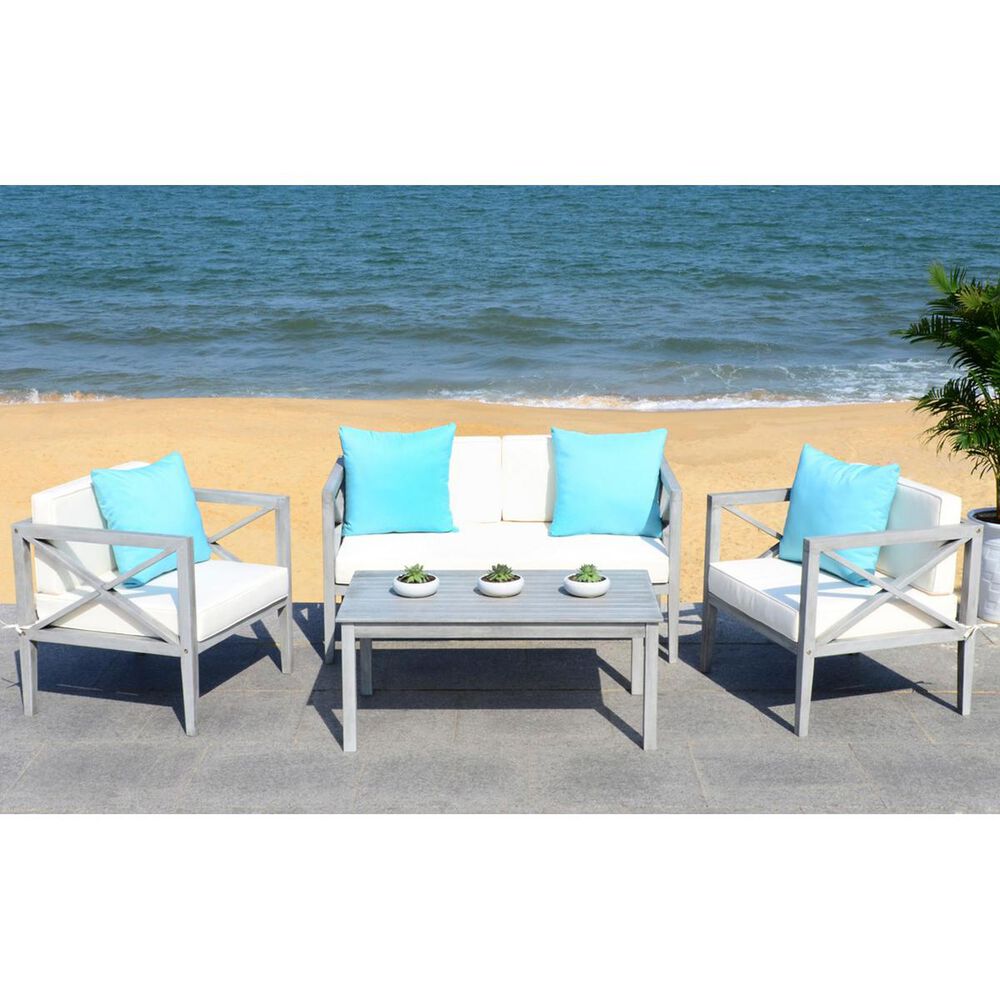 Safavieh Nunzio 4-Piece Outdoor Chat Set in Grey Wash, White, and Light Blue, , large