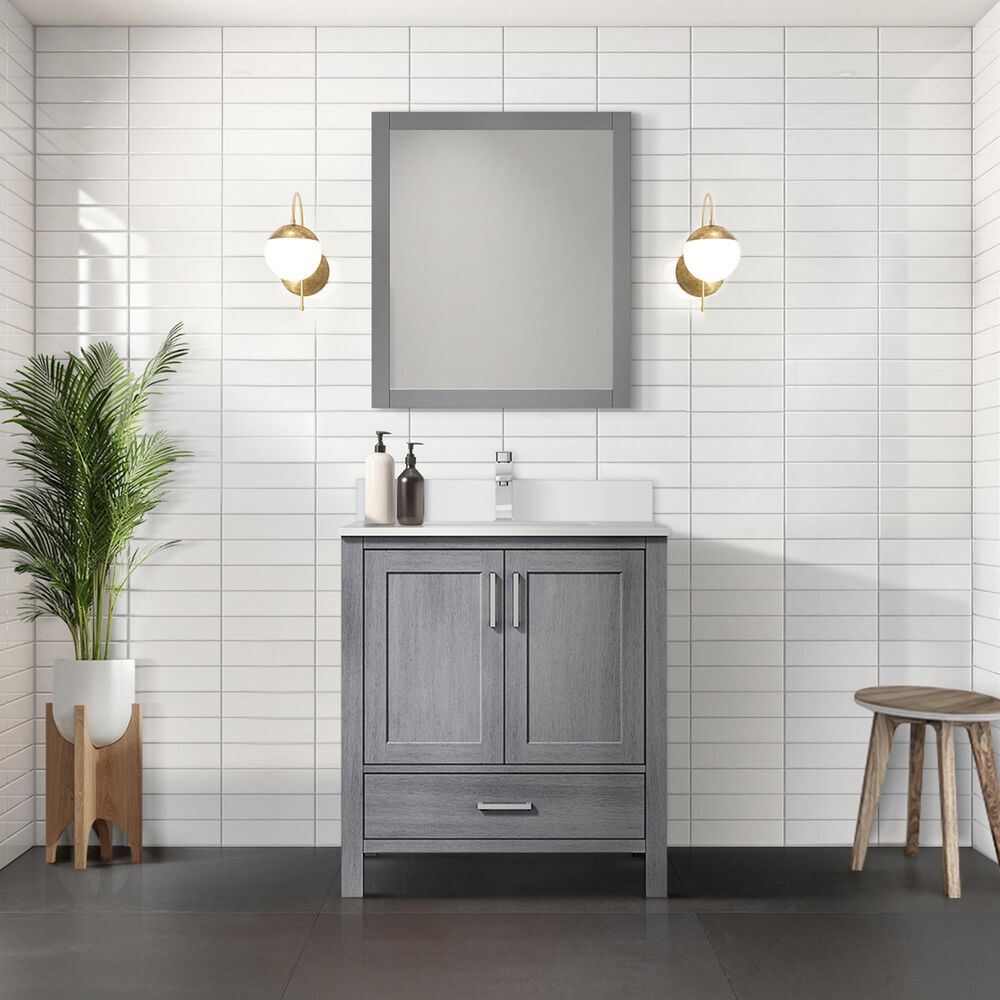 Lexora Home Jacques 30&quot; Single Bathroom Vanity in Distressed Grey with 2 cm White Cultured Marble Top and Rectangular Sink, , large