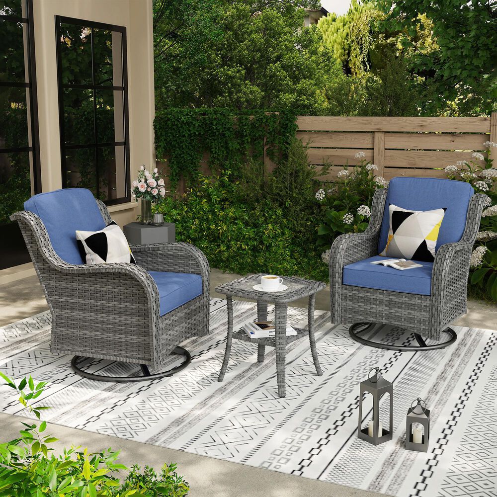 HOMLUX 3-Piece Patio Conversation Set with Curved-Arm Swivel Rocking Chairs and Light Gray Wicker in Denim Blue, , large