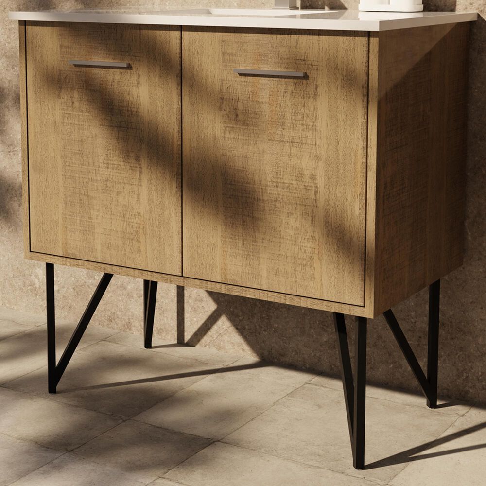 Lexora Home Lancy 36&quot; Single Bathroom Vanity in Rustic Acacia with 2 cm White Cultured Marble Top and Rectangular Sink, , large