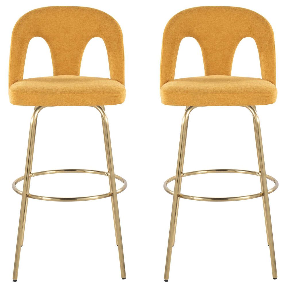 LumiSource Ava Swivel Bar Stool with Yellow Fabric Upholstery in Gold (Set of 2), , large