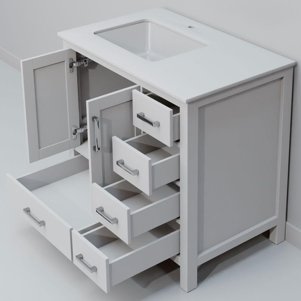Lexora Home Jacques 36&quot; Left Offset Single Bathroom Vanity in White with 2 cm White Quartz Top and Rectangular Sink, , large