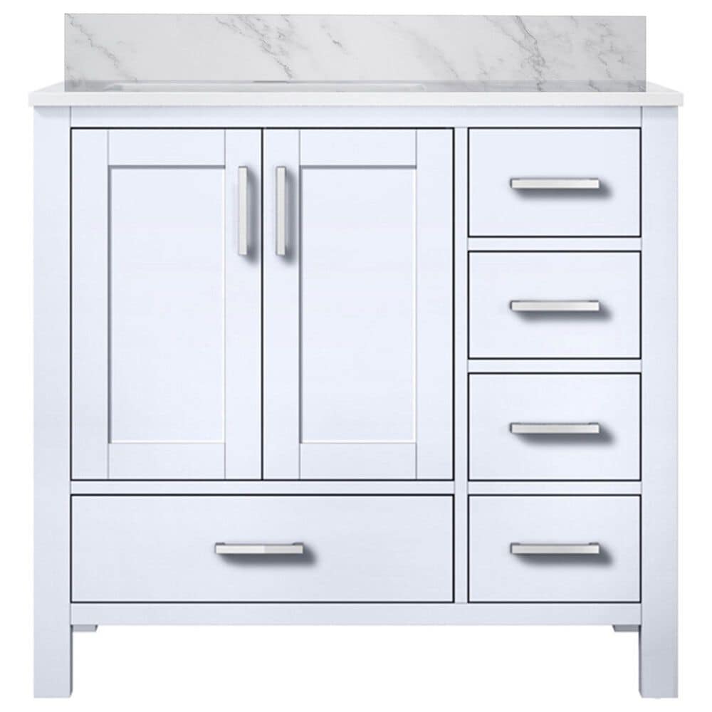 Lexora Home Jacques 36" Left Offset Single Bathroom Vanity in White with 2 cm White Carrara Marble Top and Rectangular Sink, , large