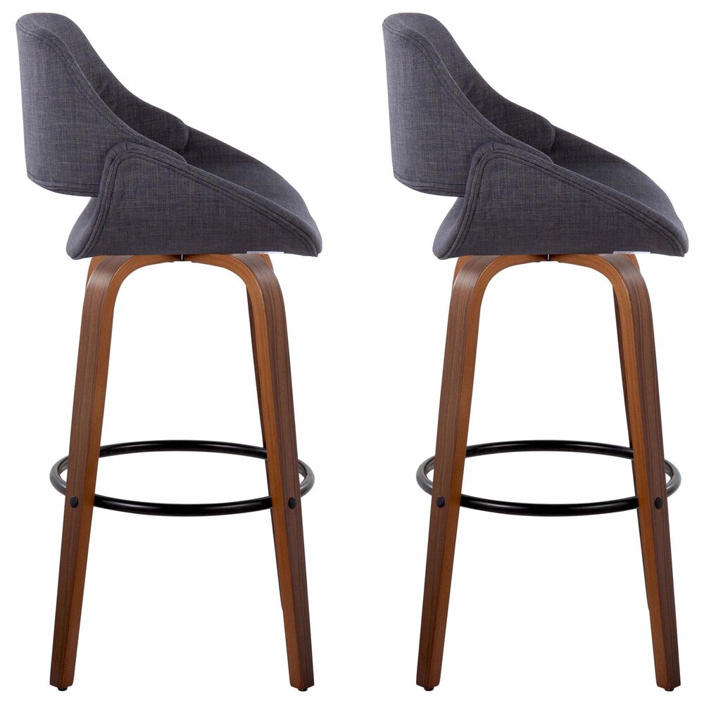 LumiSource Fabrico 30" Swivel Fixed-Height Bar Stool with Charcoal Fabric Upholstery in Black and Walnut (Set of 2), , large