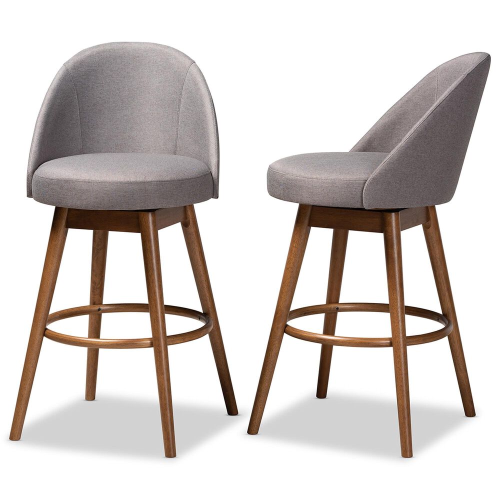 Baxton Studio Carra Swivel Bar Stool with Grey Cushion in Walnut (Set of 2), , large