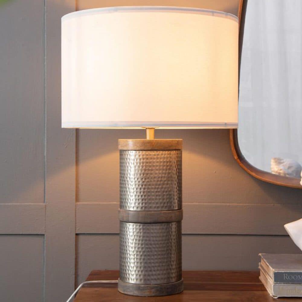 A&amp;B Home Hammered Table Lamp with Collapsible Shade in Gray and Silver, , large