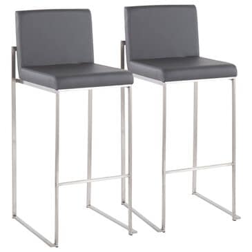 Lumisource Fuji High Back Barstool with Grey Faux Leather in Stainless Steel (Set of 2), , large