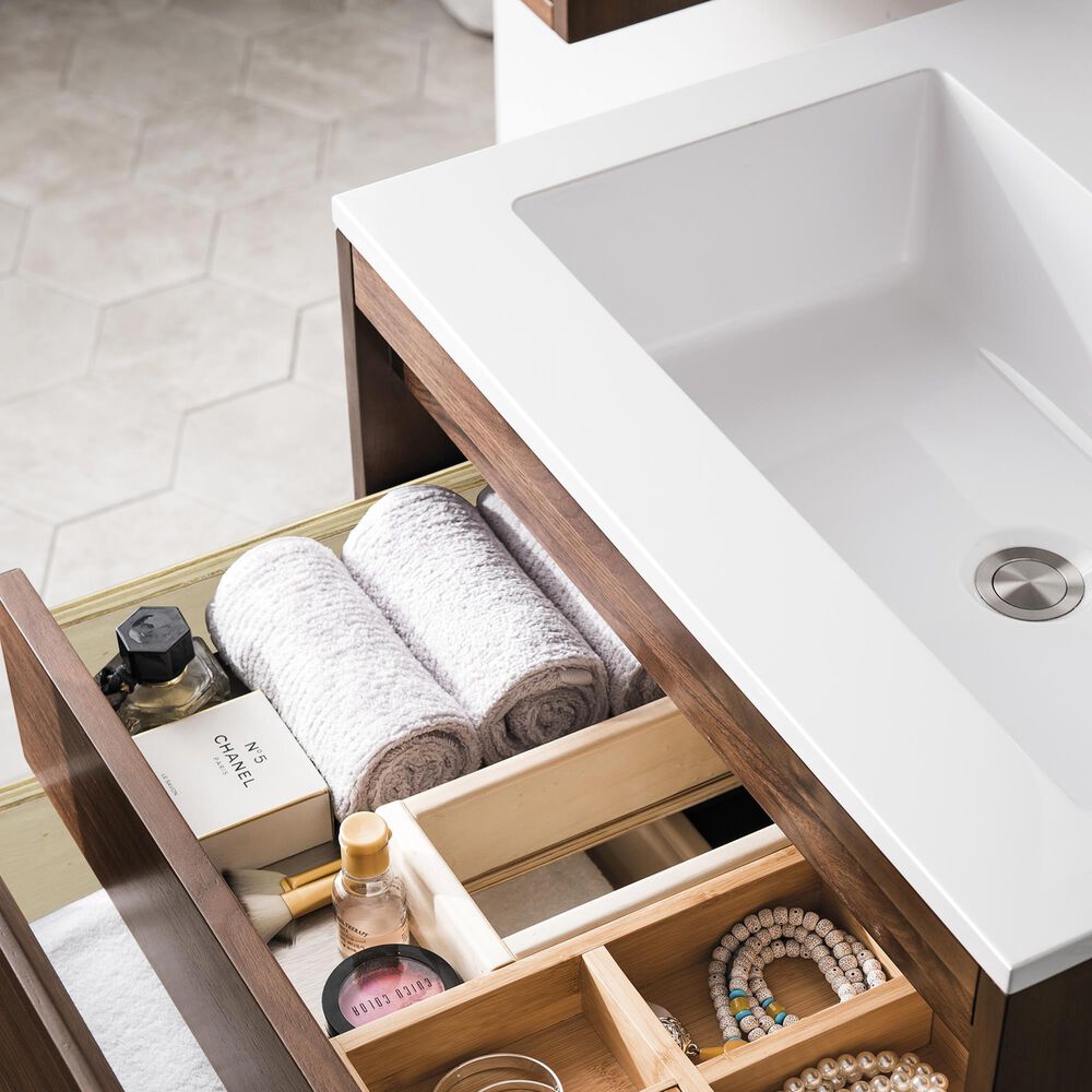 James Martin Mantova 23.6&quot; Single Vanity in Mid-Century Walnut and Matte Black with 3 cm Glossy White Composite Stone Top and Rectangular Sink, , large