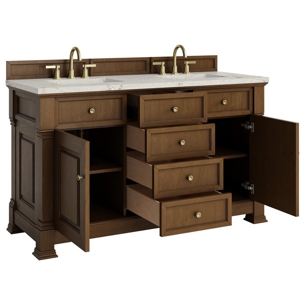 James Martin Vanities Brookfield 60" Double Bathroom Vanity in Honey Oak with 3 cm Victorian Silver Quartz Top and Rectangular Sinks, , large