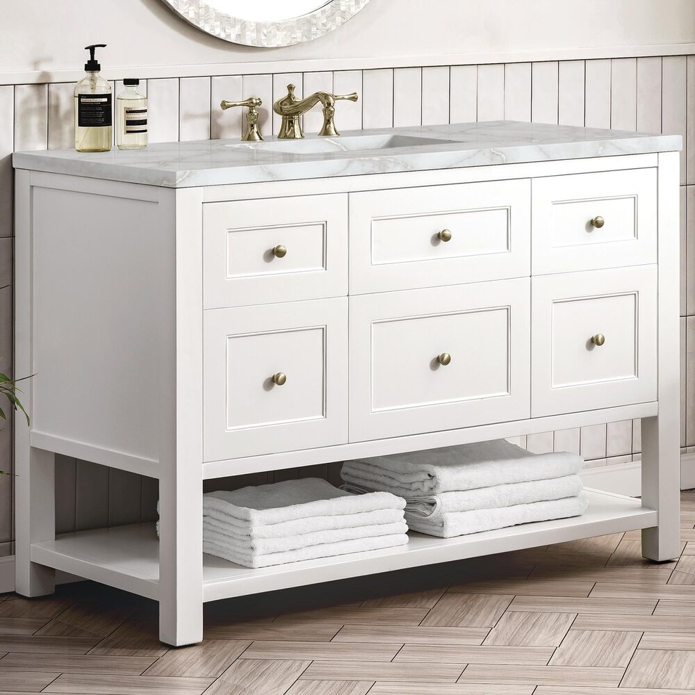 James Martin Vanities Breckenridge 48" Single Bathroom Vanity in Bright White with 3 cm Eternal Jasmine Pearl Silestone Top, Rectangular Sink and FreePower Wireless Charger, , large