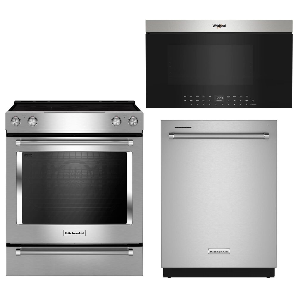 KitchenAid 3-Piece Kitchen Package with 30" Electric Slide-In Range, 24" Built-In Bar Handle Dishwasher, and 30" Over- The-Range Oven in Stainless Steel, , large