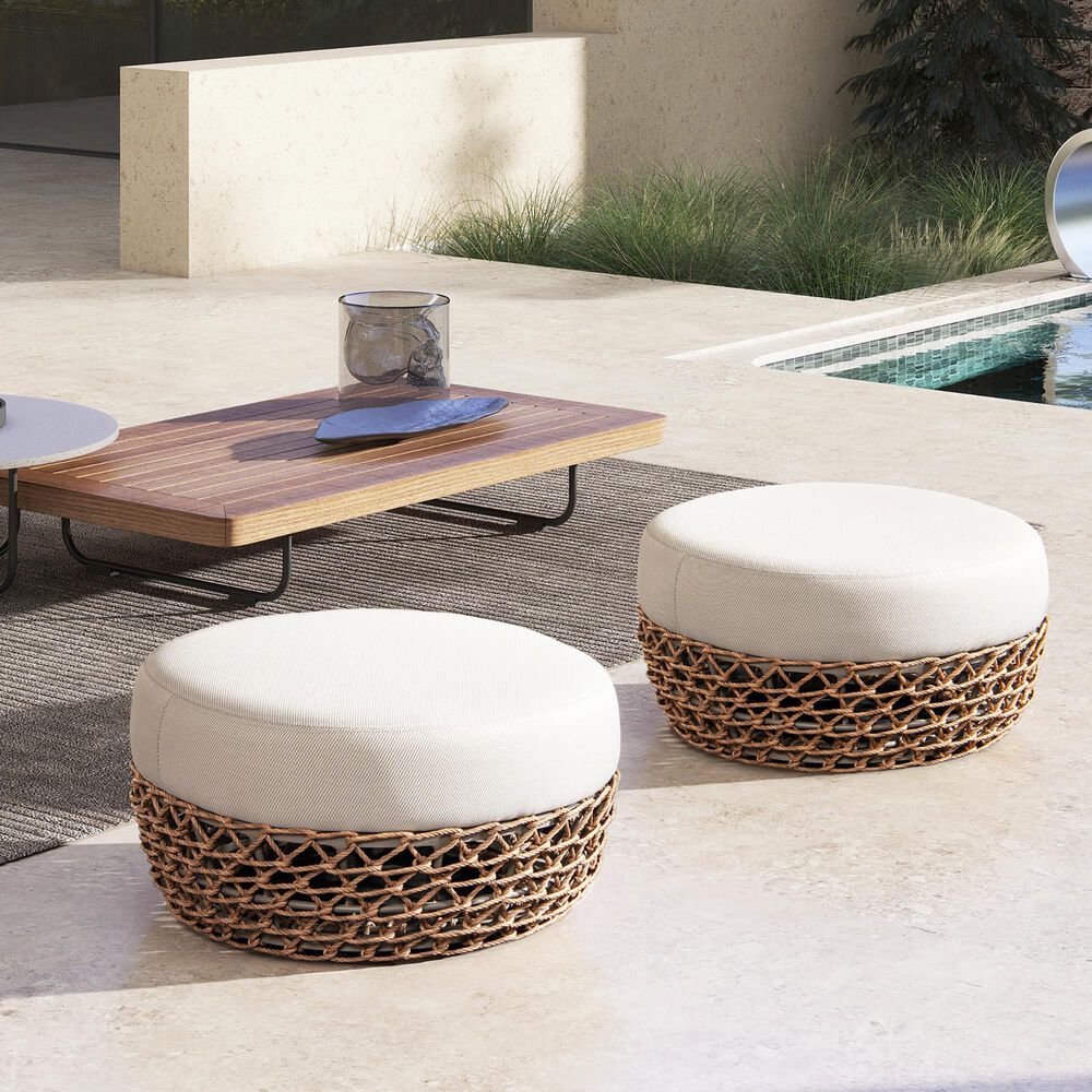 Hearth and Haven Willow 25" Round Patio Ottoman with Golden Brown Wicker Frame in Beige, , large
