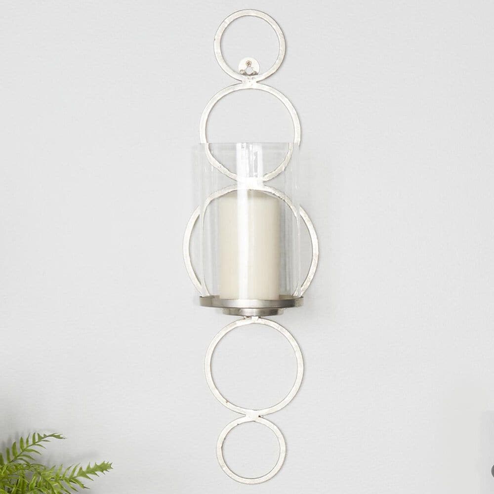 Maple and Jade 25&quot; Stacked Circle Single Indoor/Outdoor Wall Mount Candle Holder in Weathered Silver and Clear, , large