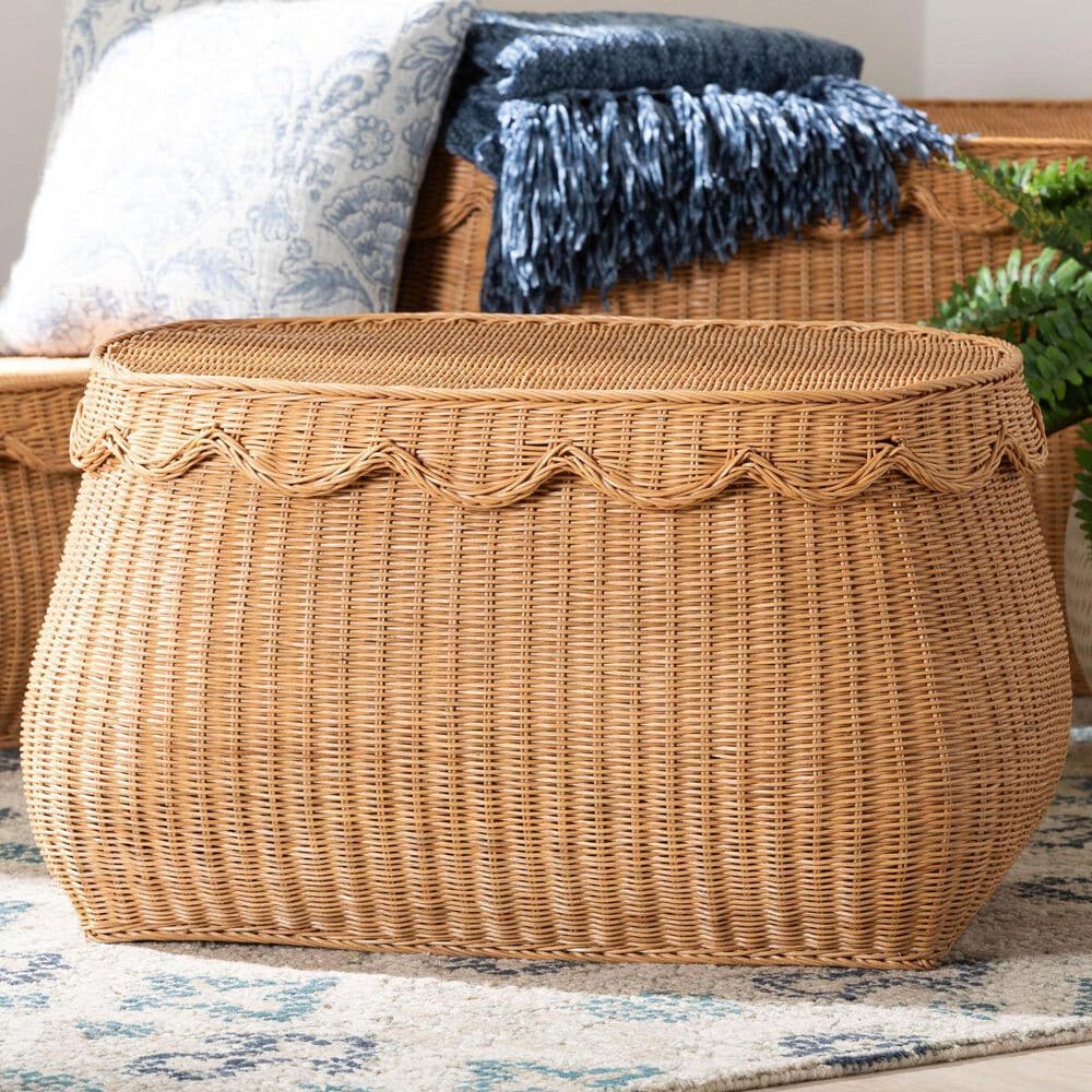 Baxton Studio Ayleen Medium Basket with Scalloped Lid in Light Honey, , large