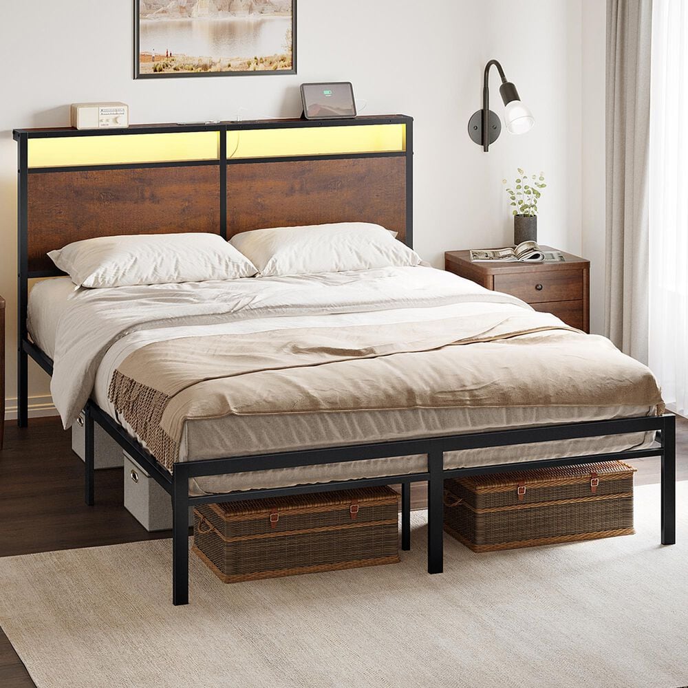 HOMLUX Vintage Queen Platform Bed with Storage LED Headboard in Rustic Brown, , large
