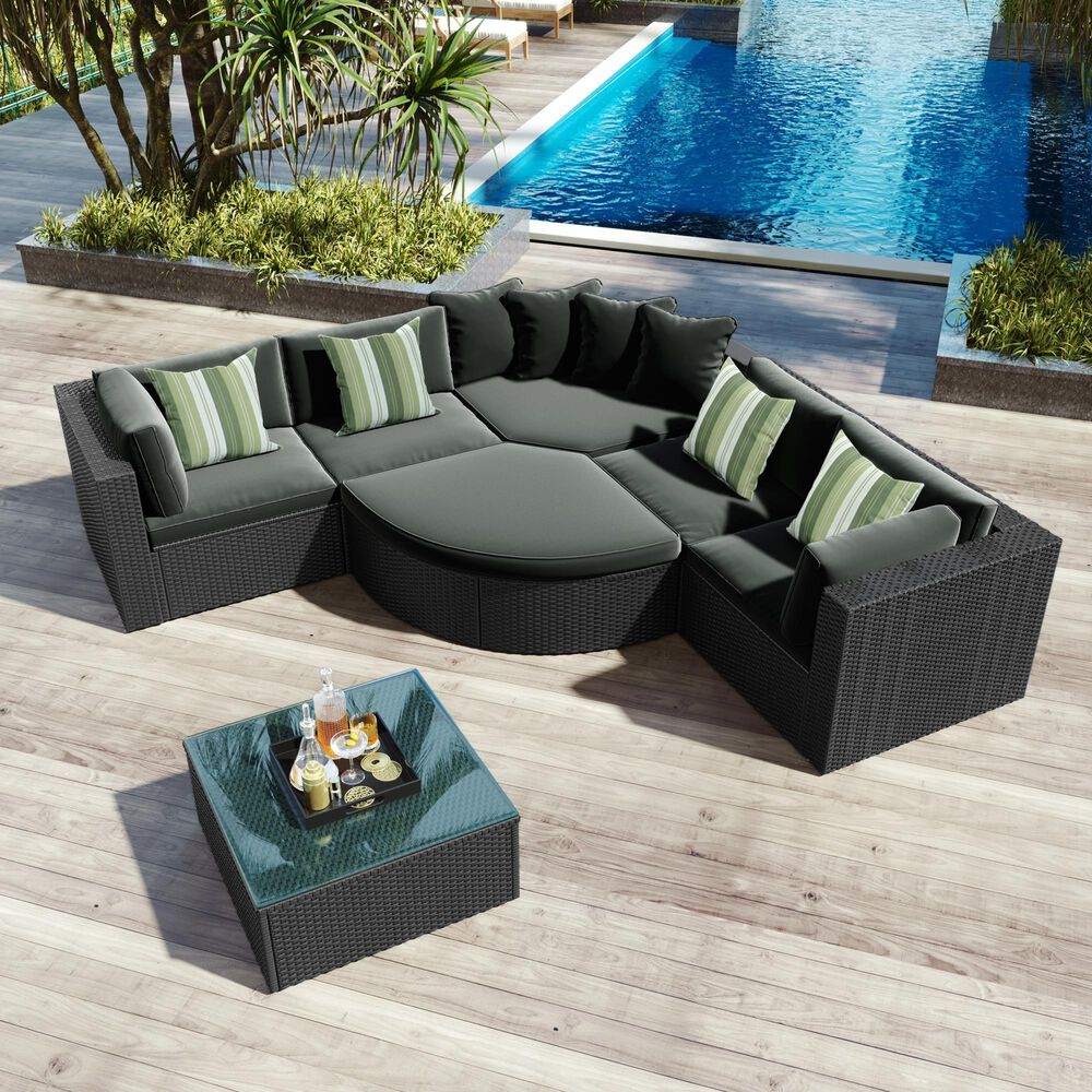HOMLUX 7-piece Outdoor Conversation Set with Black Wicker in Gray, , large