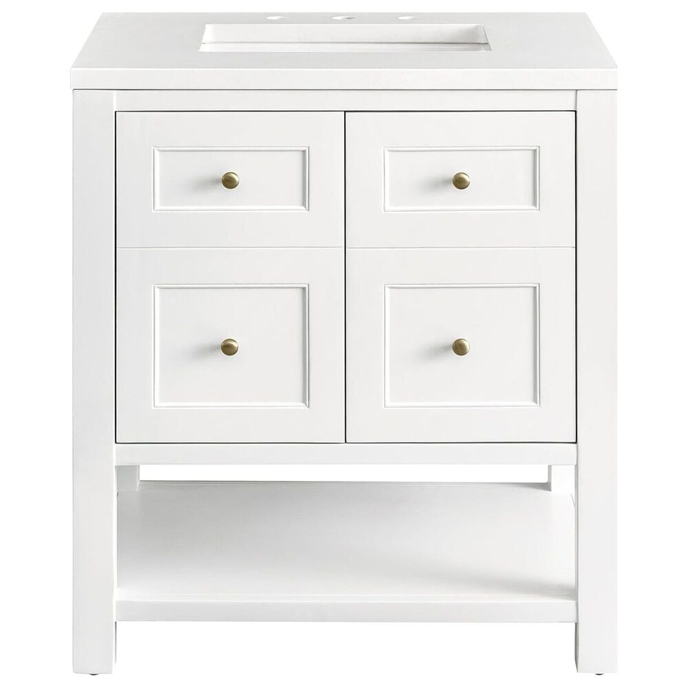 James Martin Vanities Breckenridge 30" Single Bathroom Vanity in Bright White with 3 cm White Zeus Quartz Top and Rectangular Sink, , large