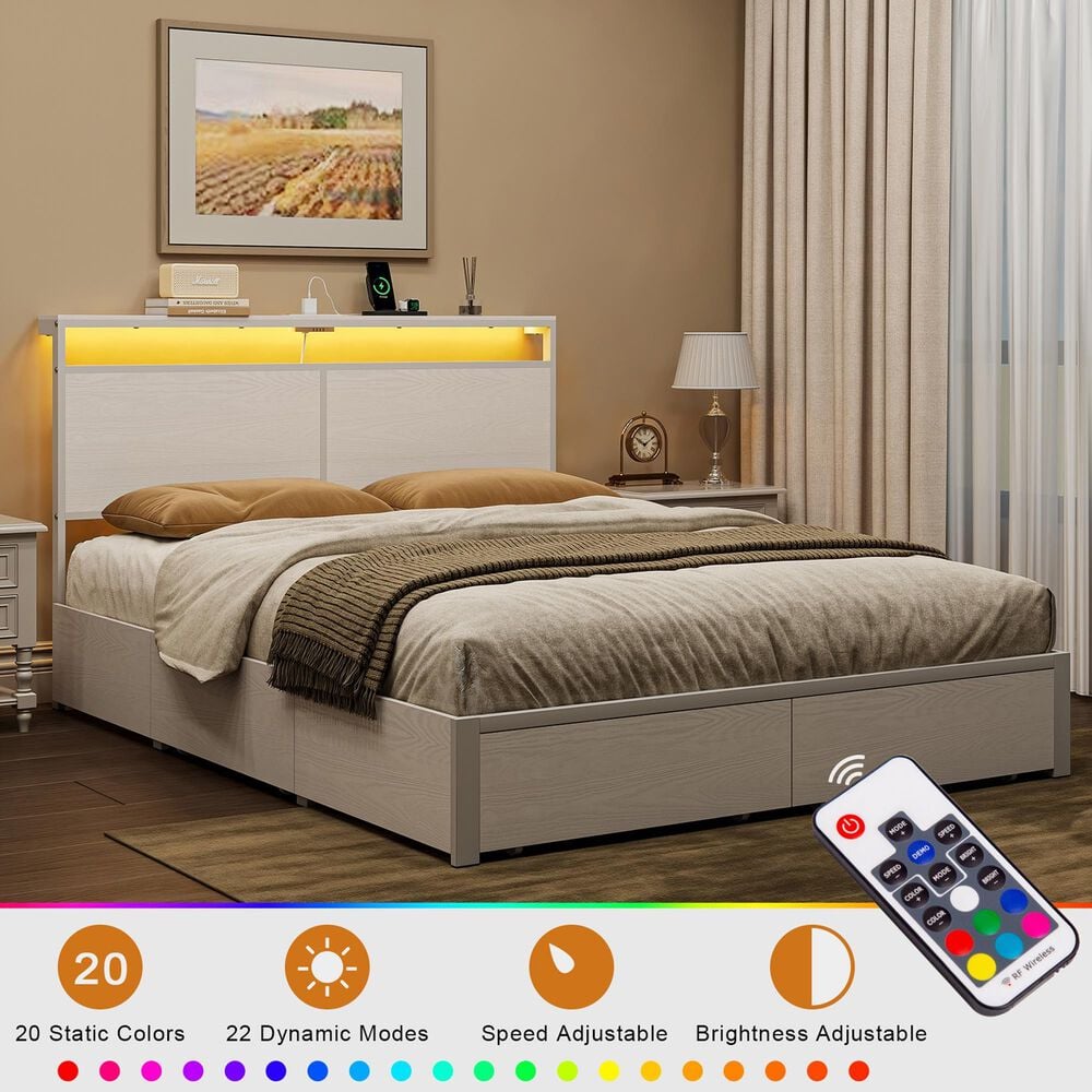 HOMLUX Full 4-Drawer  Storage Bed with LED Headboard and Charging Station in White, , large