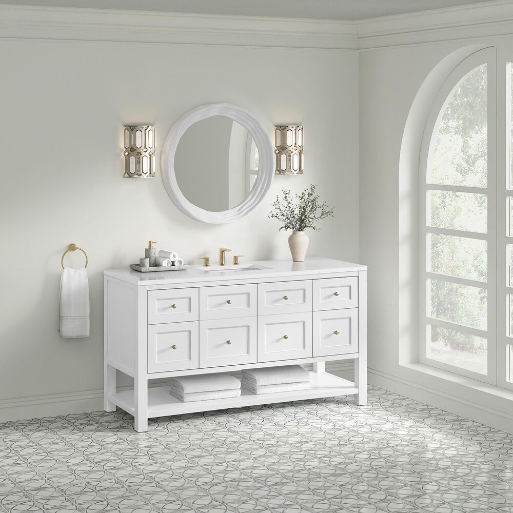James Martin Vanities Breckenridge 60" Single Bathroom Vanity in Bright White with 3 cm White Zeus Quartz Top and Rectangular Sink, , large