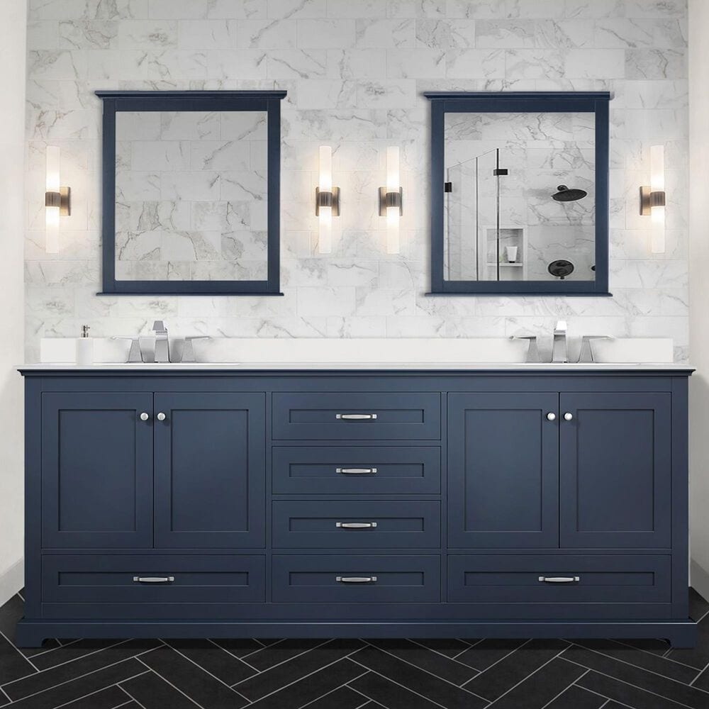 Lexora Home Dukes 80&quot; Double Bathroom Vanity in Navy Blue with 2 cm White Cultured Marble Top and Rectangular Sinks, , large