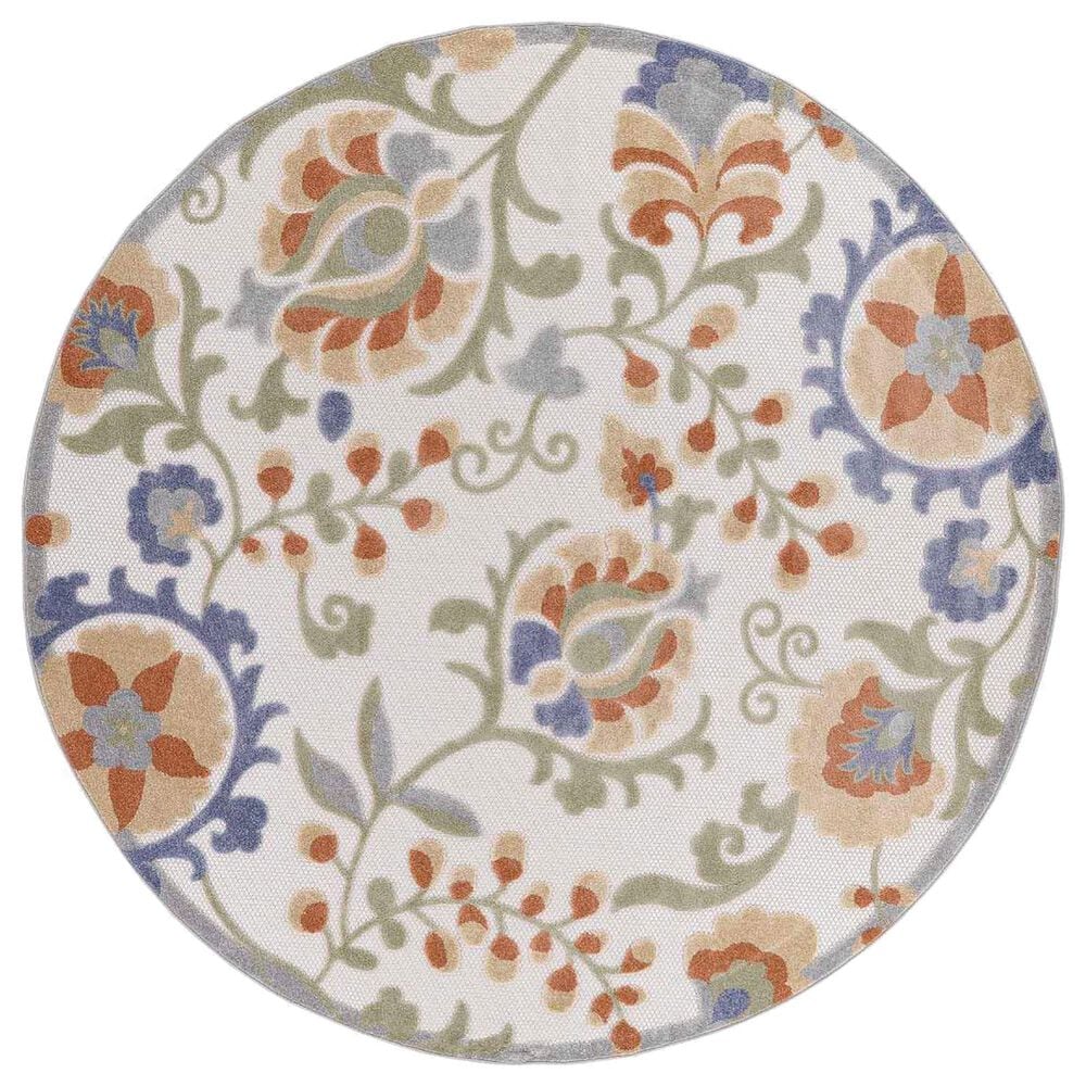 Nourison Aloha ALH17 7"10" Round Ivory and Blue Indoor/Outdoor Area Rug, , large