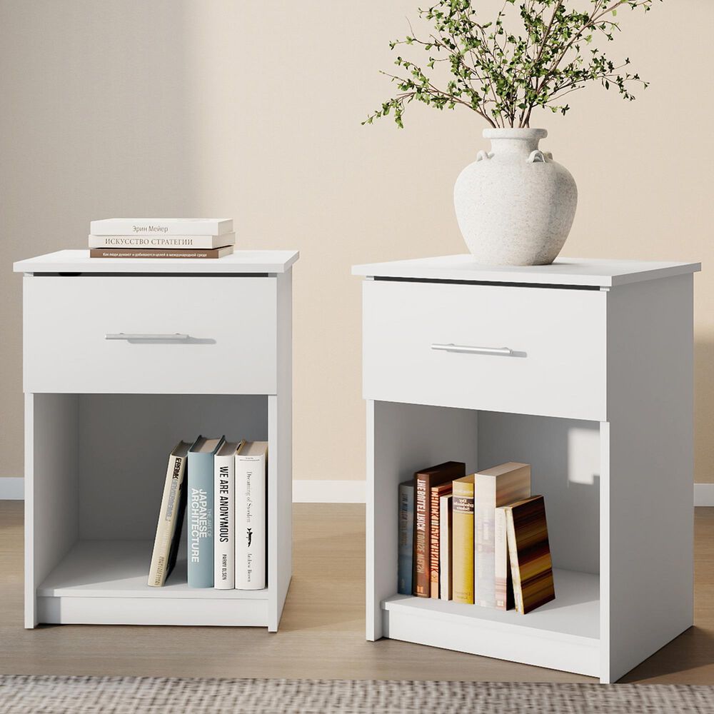 HOMLUX 1-Drawer Modern Nightstand with Bar Handle in Solid White (Set of 2), , large