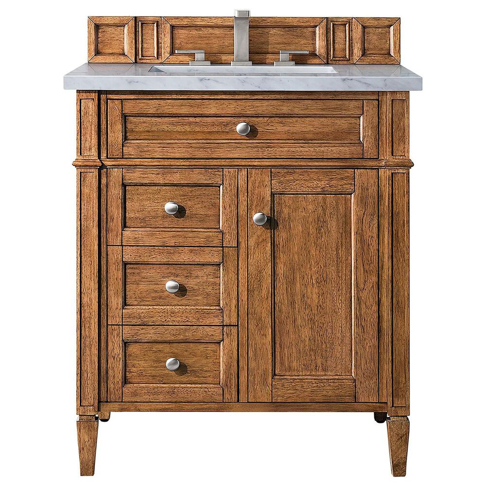 James Martin Vanities Brittany 30" Single Bathroom Vanity in Saddle Brown with 3 cm Arctic Fall Solid Surface Top and Rectangular Sink, , large