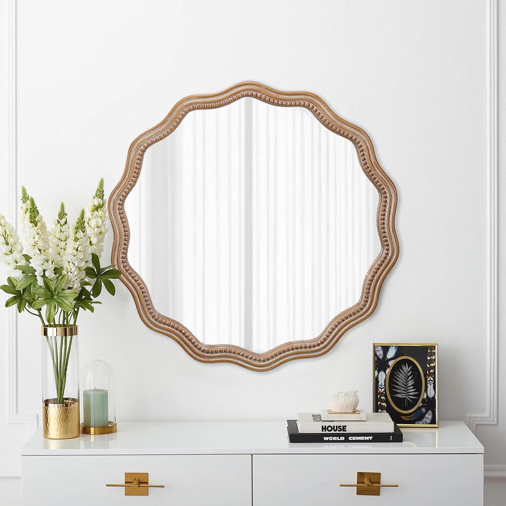 Hearth and Haven 23.62" Round Wall Mirror with Wavy Wood Framed in Antique Natural, , large
