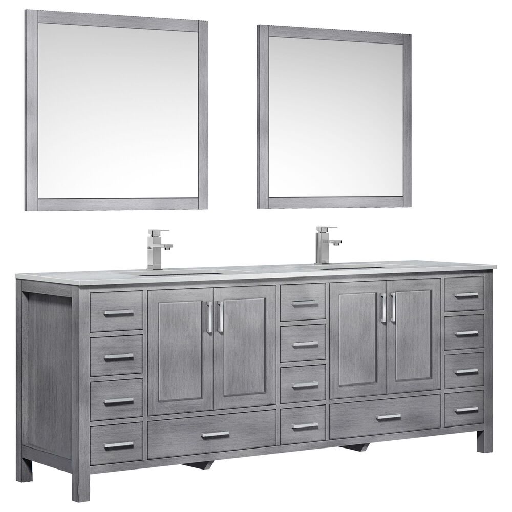 Lexora Home Jacques 84" Double Bathroom Vanity in Distressed Grey with White Carrara Marble Top, Rectangle Sinks, Chrome Faucets and Mirrors, , large