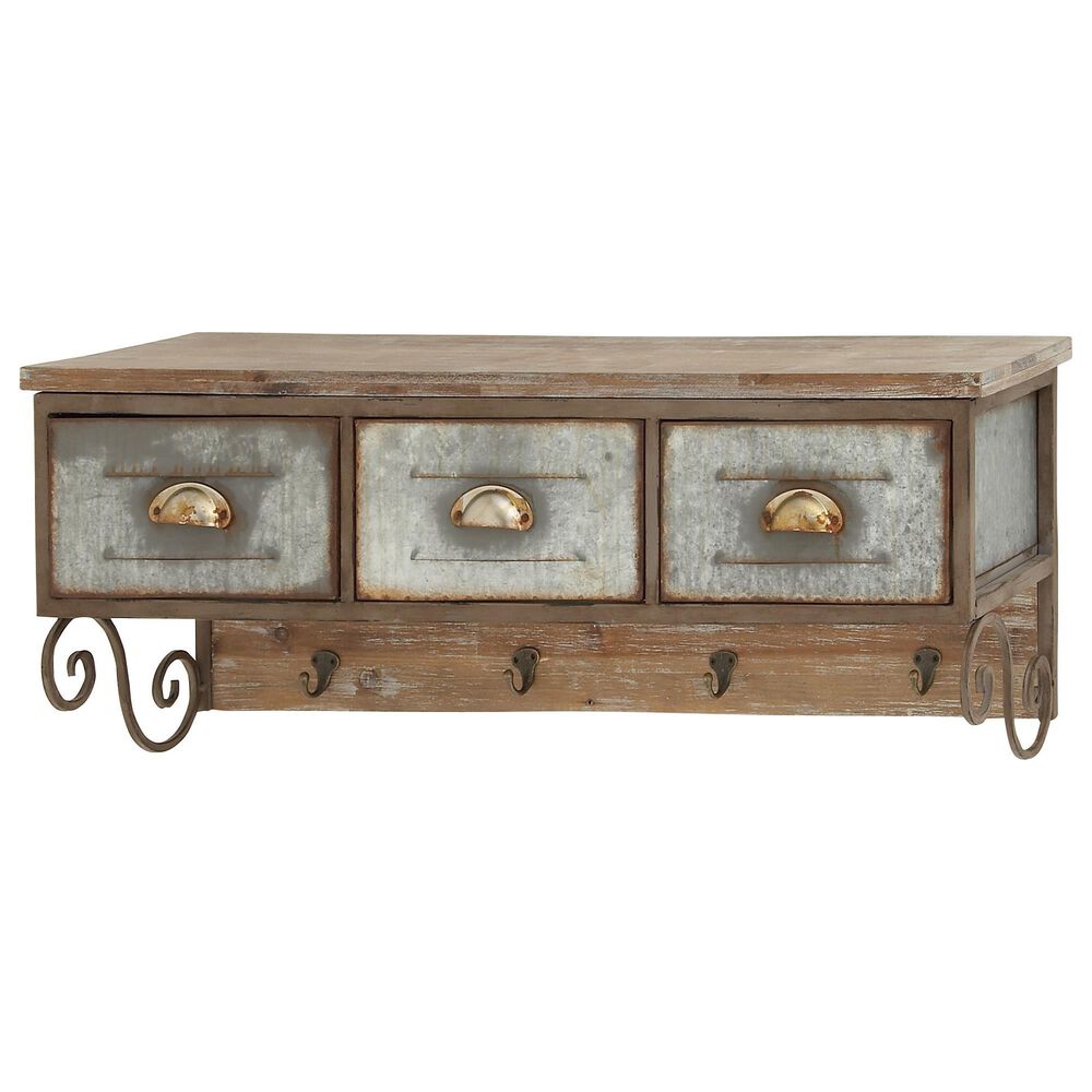 Maple and Jade 38" x 13" Wall Shelf in Distressed Golden, Mocha Brown and Silver, , large