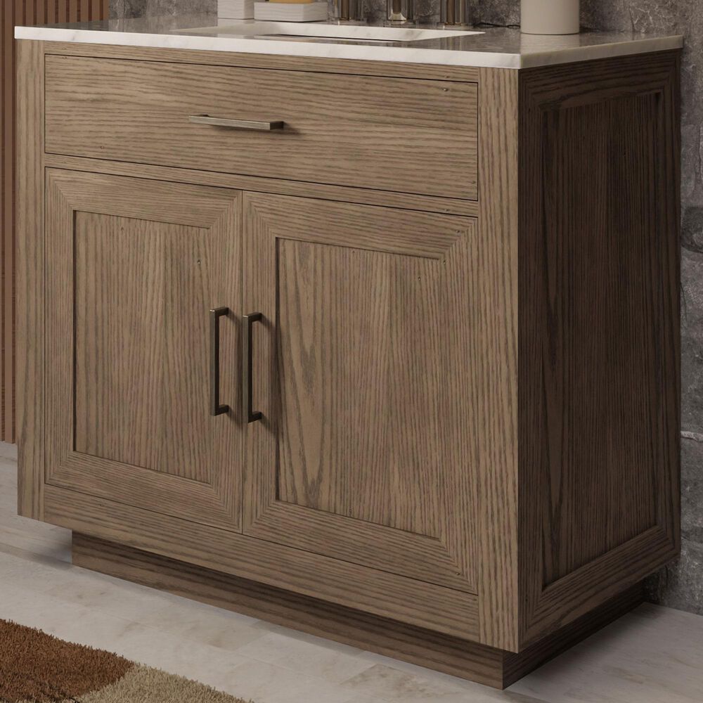 Lexora Home Abbey 36" Single Bathroom Vanity in Grey Oak with 2 cm White Carrara Marble Top and Rectangular Sink, , large