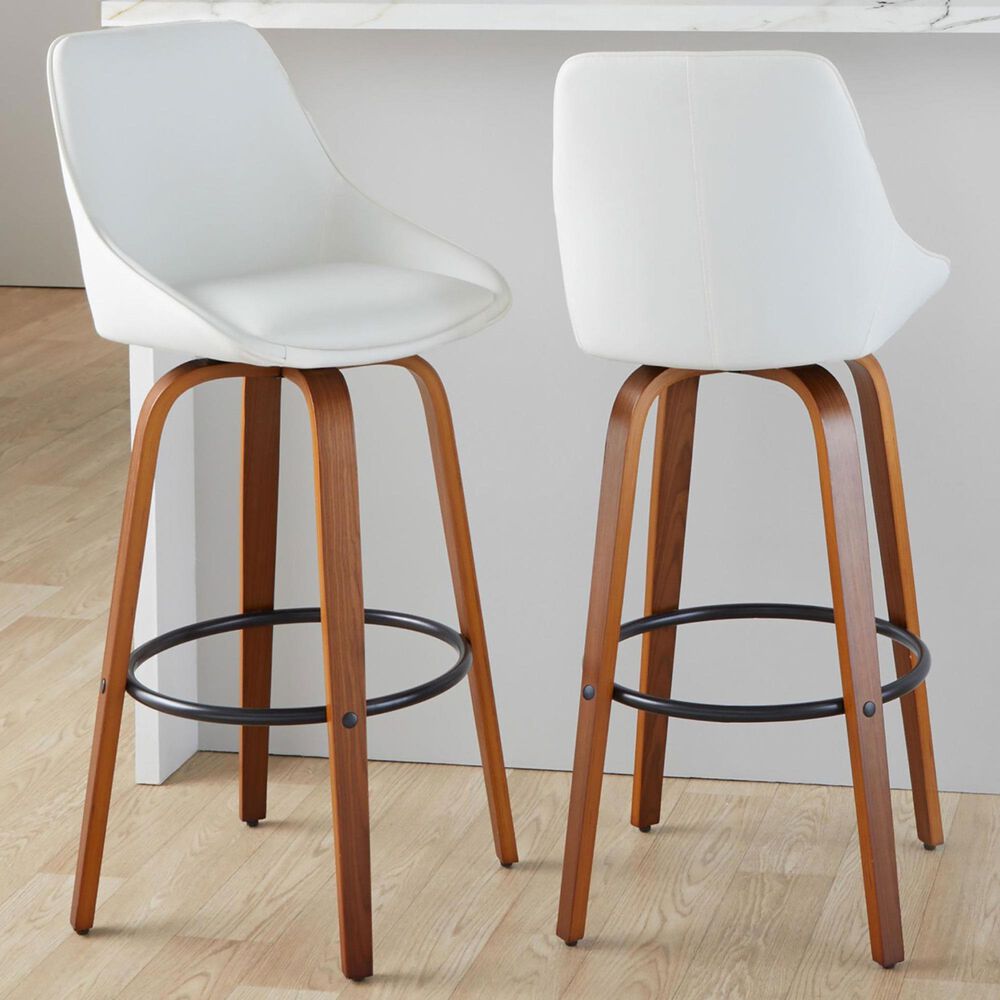 LumiSource Diana 30" Swivel Barstool with White Faux Leather Upholstery in Walnut and Black (Set of 2), , large