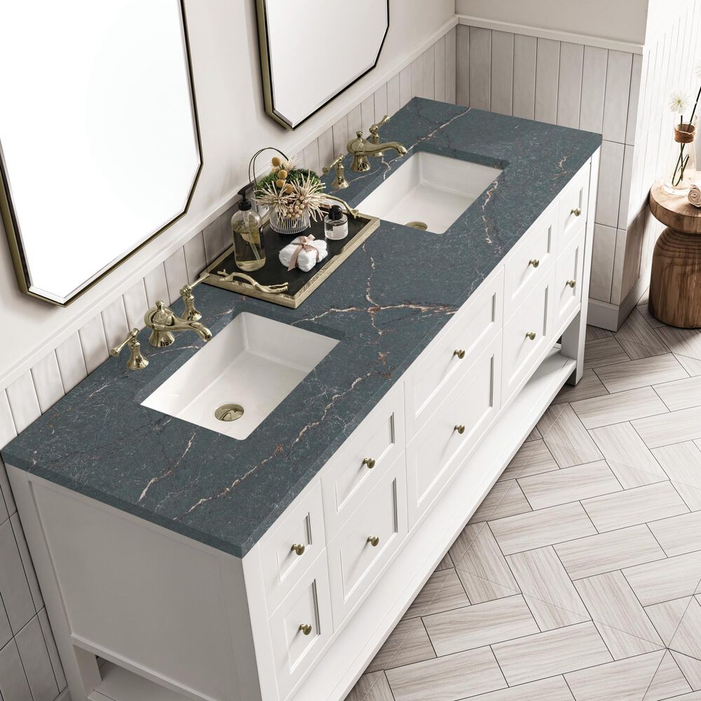 James Martin Vanities Breckenridge 72&quot; Double Bathroom Vanity in Bright White with 3 cm Parisien Bleu Quartz Top and Rectangular Sinks, , large