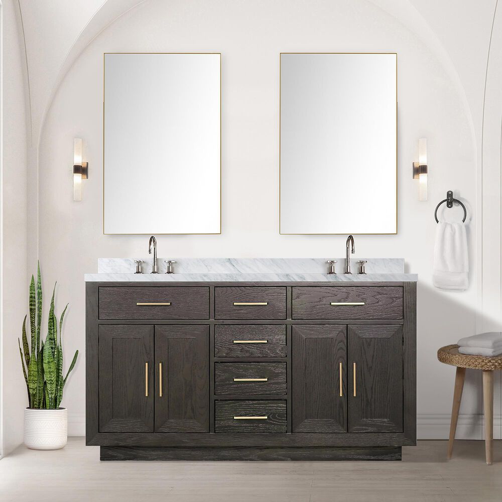 Lexora Home Abbey 60&quot; Double Bathroom Vanity in Brown Oak with 2 cm White Carrara Marble Top and Rectangular Sinks, , large