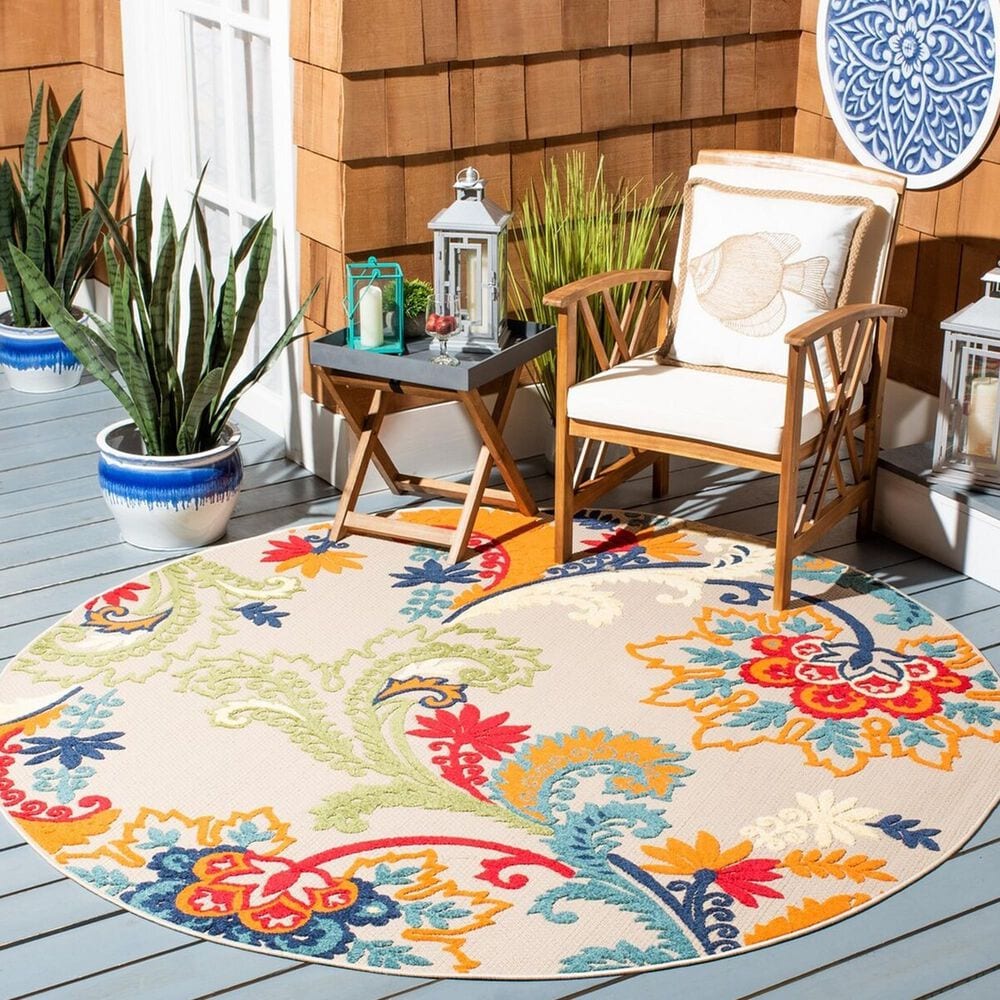 Safavieh Cabana CBN305A 6&#39;7&quot; Round Ivory and Blue Indoor/Outdoor Area Performance Rug, , large