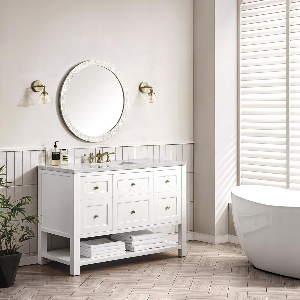 James Martin Breckenridge 48&quot; Single Bathroom Vanity in Bright White with 3 cm Eternal Jasmine Pearl Quartz Top and Rectangular Sink, , large