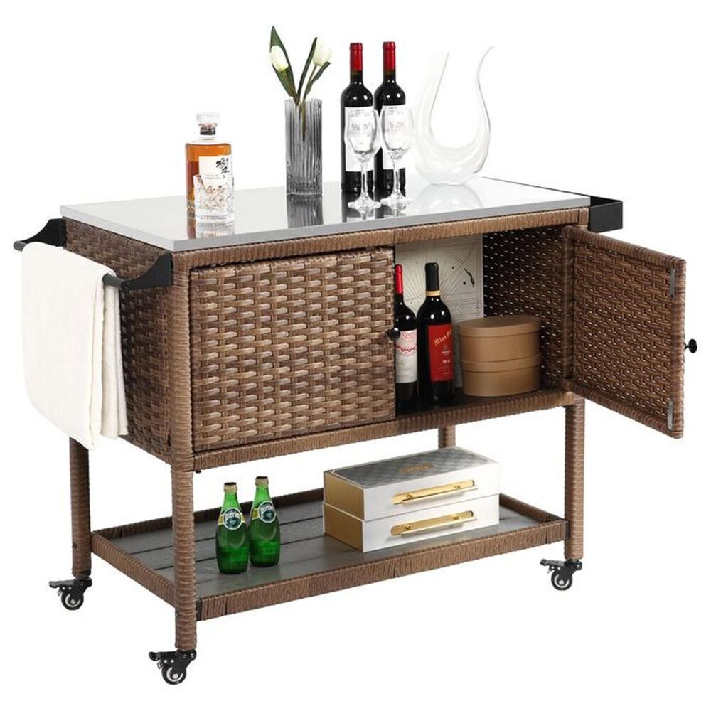 Hearth and Haven Outdoor Wicker Bar Cart with Glass Top in Brown, , large