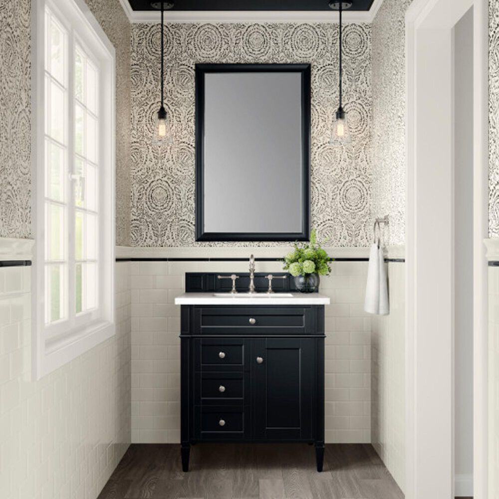 James Martin Vanities Brittany 30" Single Bathroom Vanity in Black Onyx with 3 cm White Zeus Quartz Top and Rectangular Sink, , large