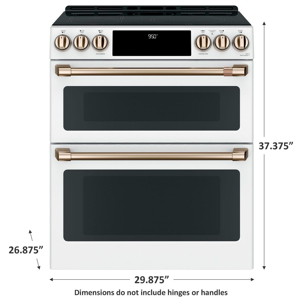 Cafe 30&quot; Slide-In Front Control Induction and Convection Double Oven Range in Matte White  With Brushed Bronze Handles and Control Knobs, , large