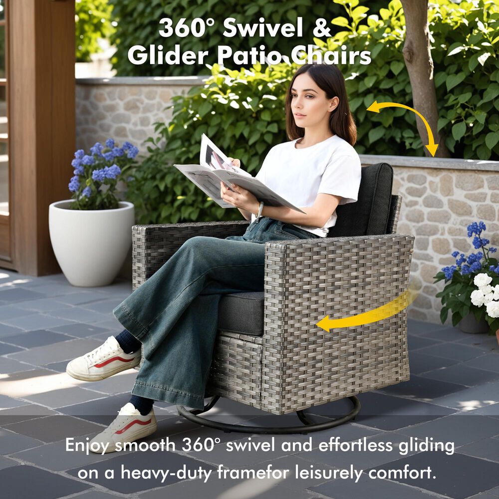 HOMLUX 7-Piece Patio Conversation Set with Rocking Chairs and Fire Pit Table in Black, , large