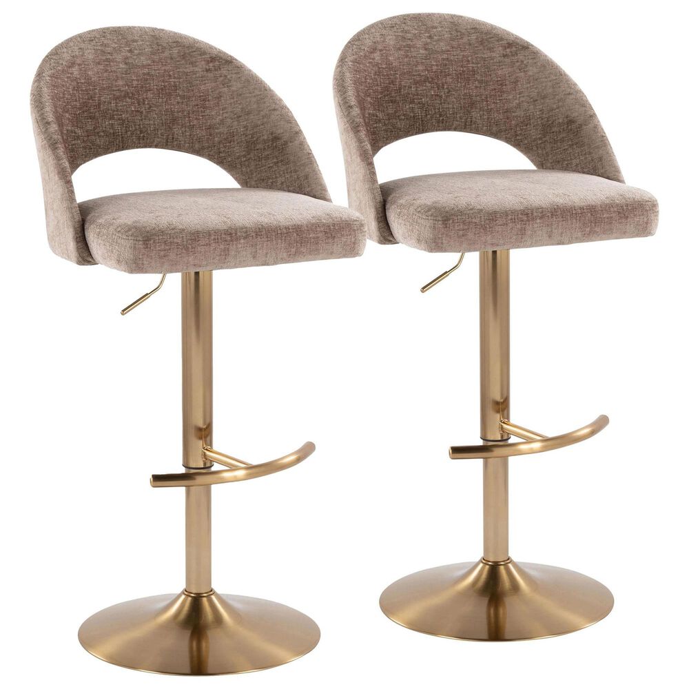 LumiSource Renee Adjustable Swivel Bar Stool with Brown Fabric Upholstery in Gold (Set of 2), , large