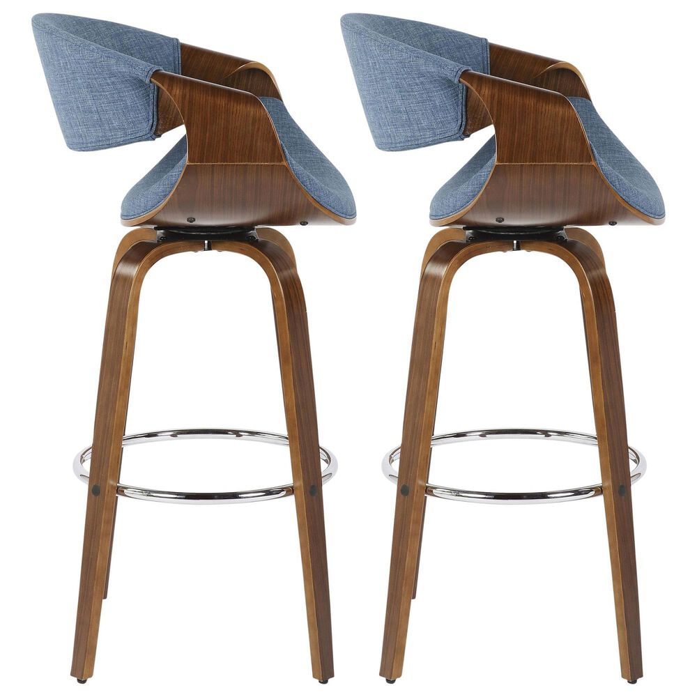 LumiSource Curvini 30" Swivel Barstool with Blue Upholstery in Walnut and Chrome (Set of 2), , large
