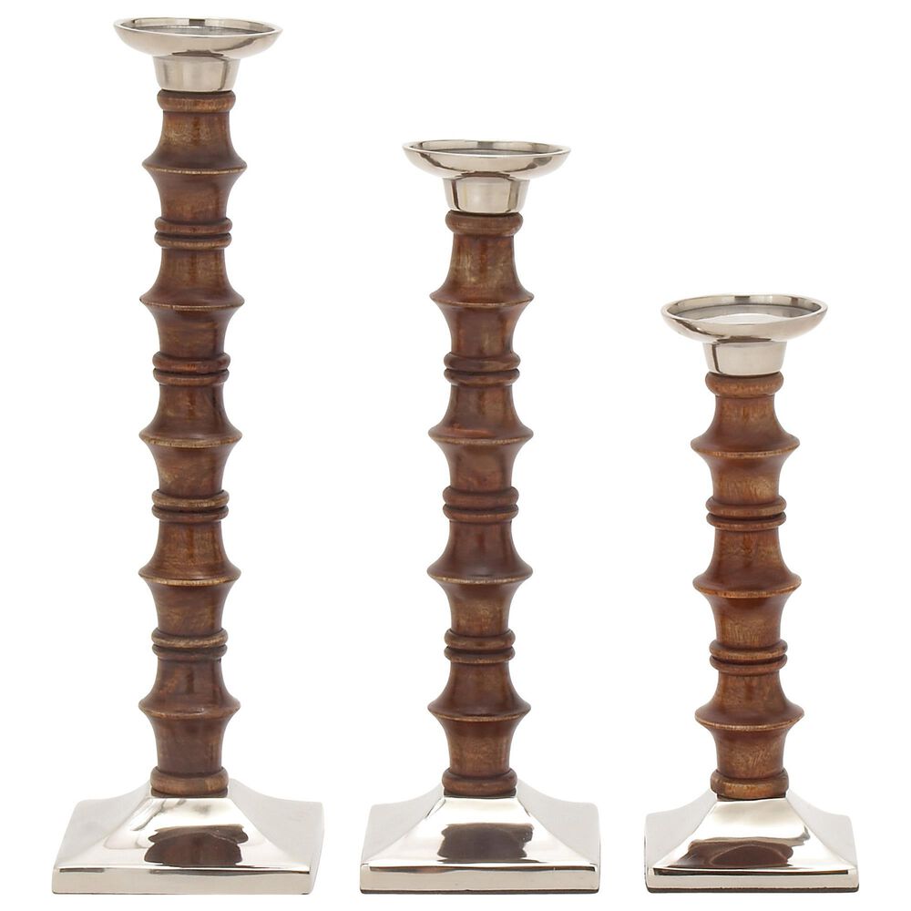 Maple and Jade Mango Wood Candle Holder in Brown and Silver &#40;Set of 3&#41;, , large