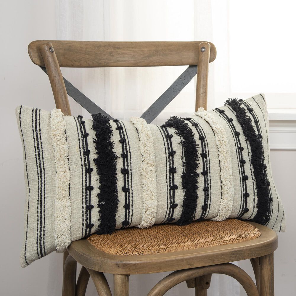 Rizzy Home Striped 14&quot; x 26&quot; Down Filled Pillow in Natural/Black, , large